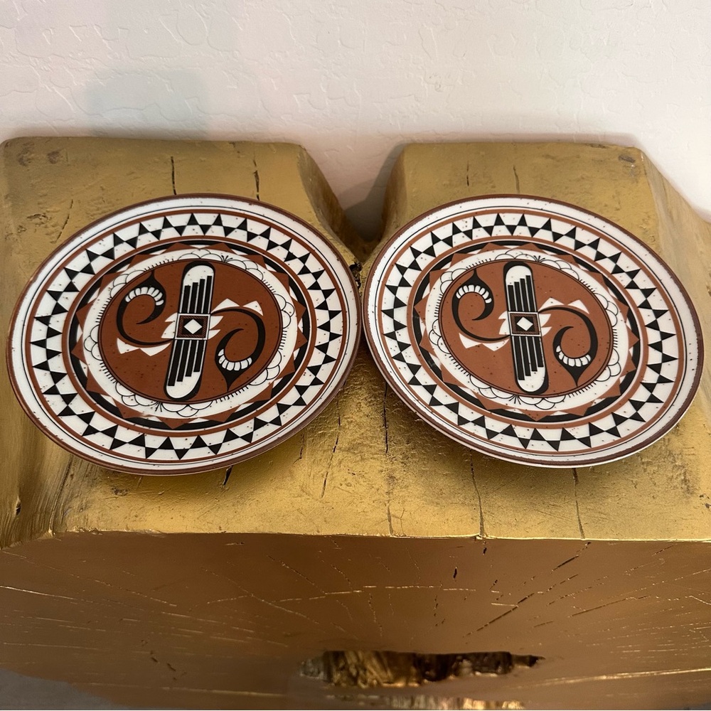 Set of 2 Vintage MCM Aztec print, Stoneware, Brown and Black Salad Plates